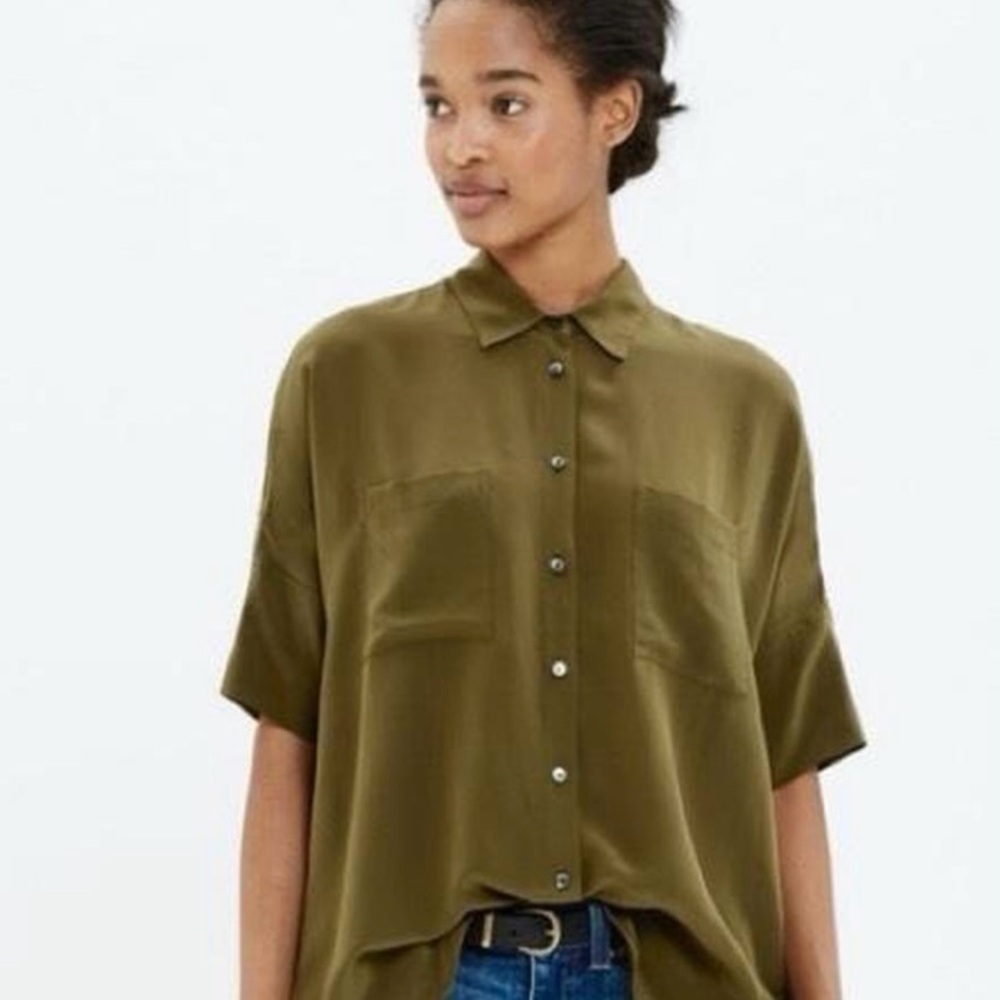 Madewell 100% Silk Olive Green button down shirt - Picture 2 of 6